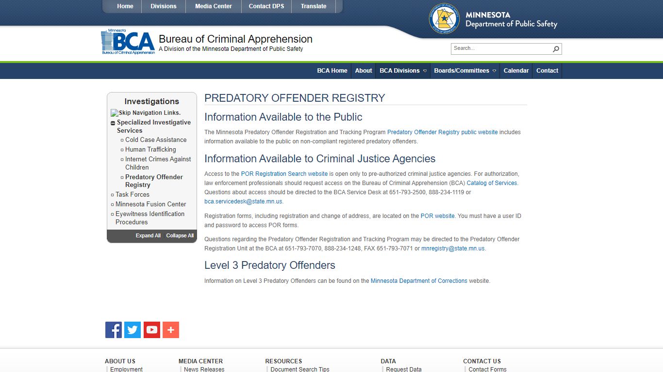 Investigations - Predatory Offender Registry - Minnesota